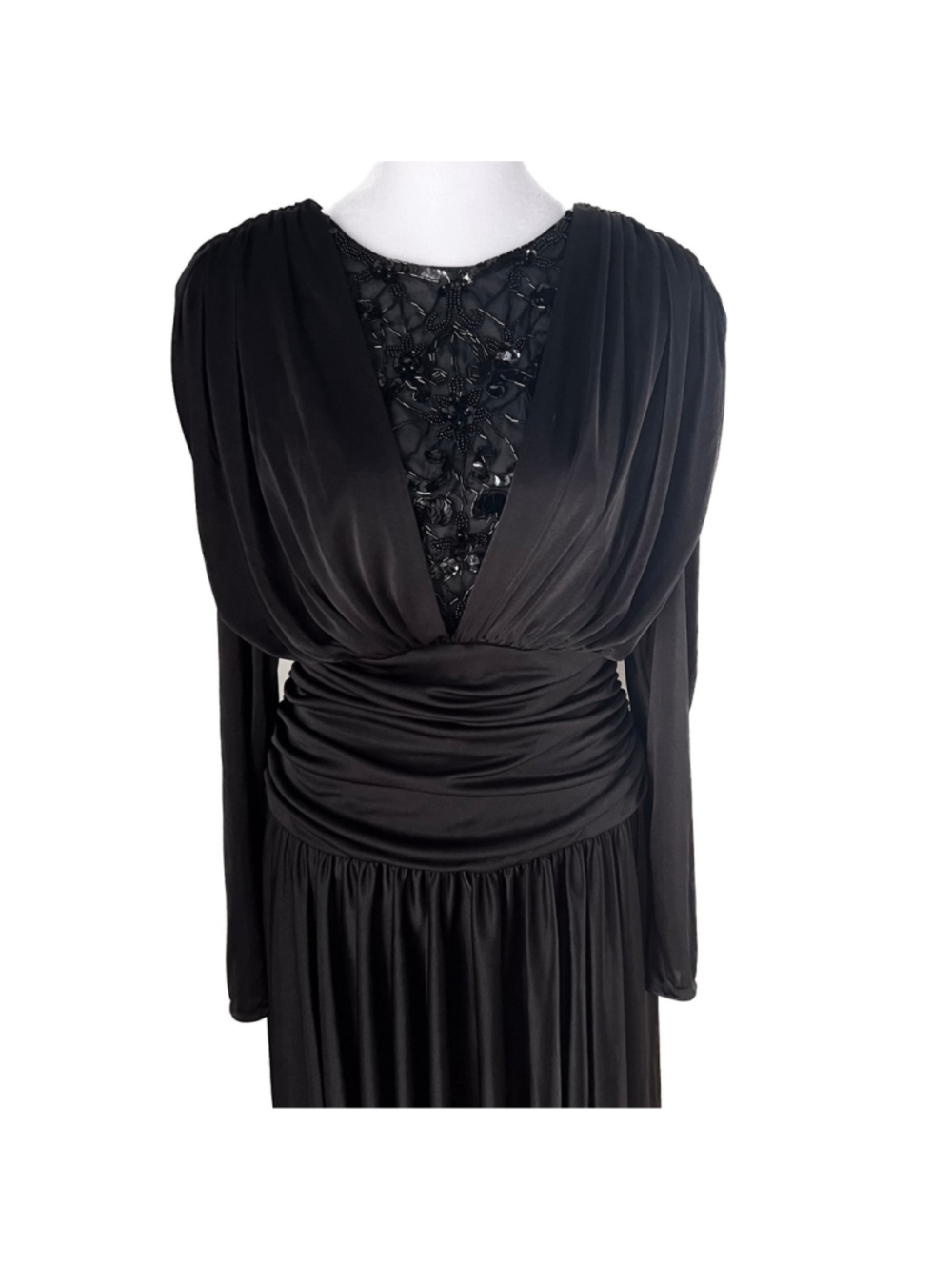 Vintage Abby Kent Black Beaded Illusion Midi Dress Ruched Gothic Glam USA M - Picture 4 of 11